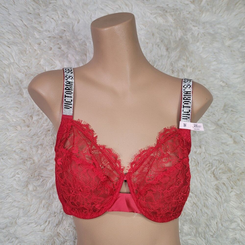 Victoria’s Secret Very Sexy Unlined Demi Bra Red Lace Size 38DD Shine Strap P